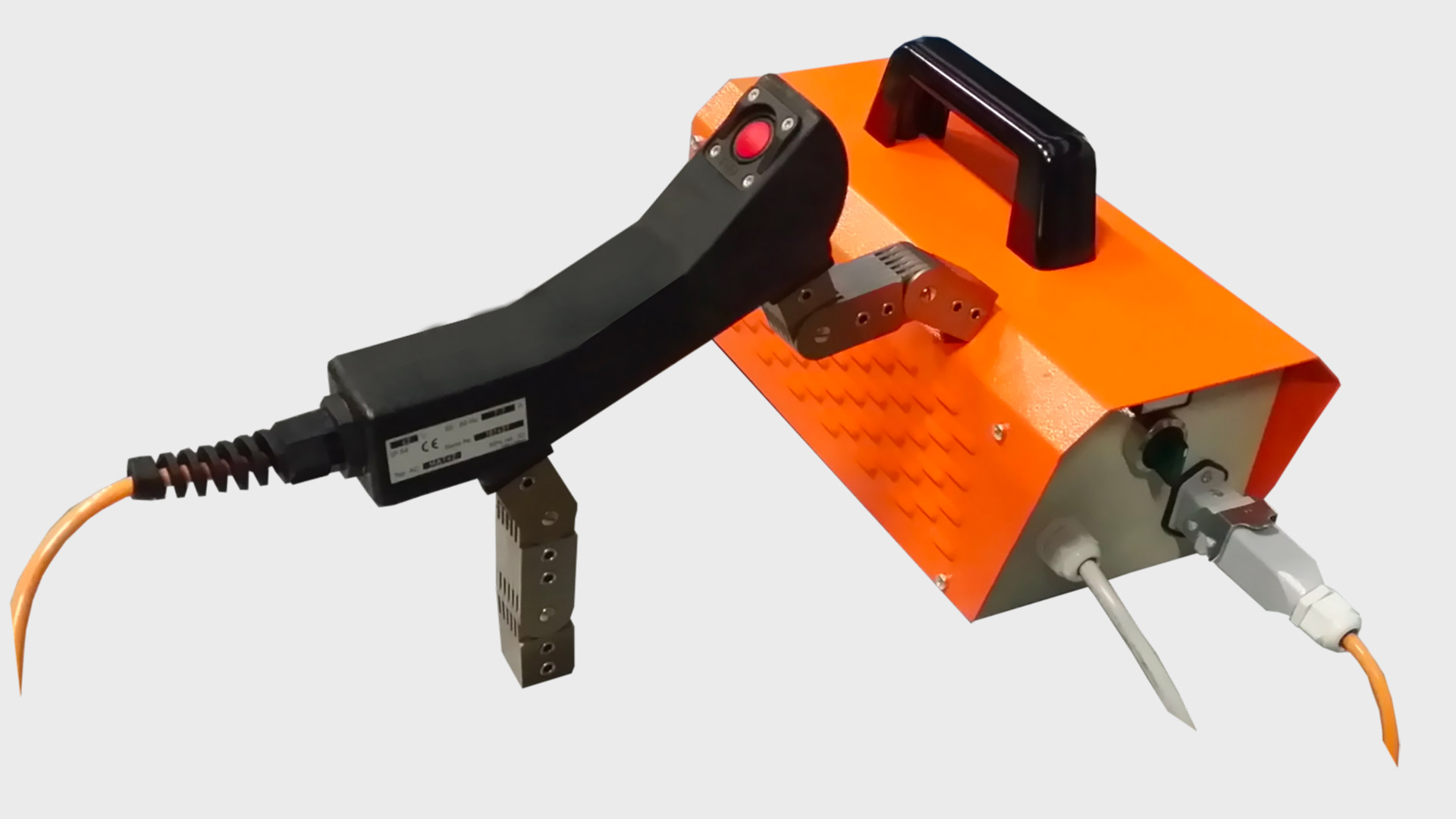 Apparecchio portatile per magnetoscopia con sonda a contatti e alimentatore arancione